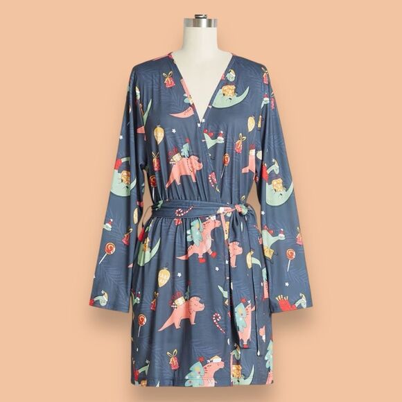 NWT Modcloth Roar-some Holidays Robe Dinosaurs Christmas Holiday Womens S/M - Picture 1 of 5